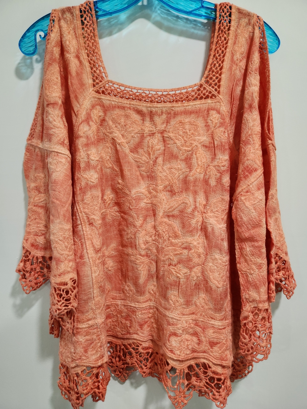 Democracy Crochet-Trim Square Neck Tunic in Peach
